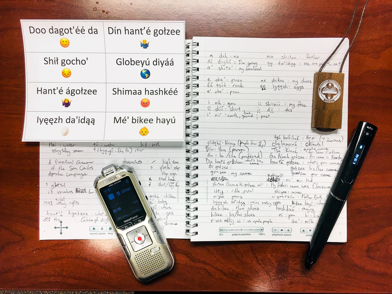 Photo of a tabletop with a notebook full of notes in the Apache language, Apache language flash cards, a voice recorder, a USB flash drive, and a pen.